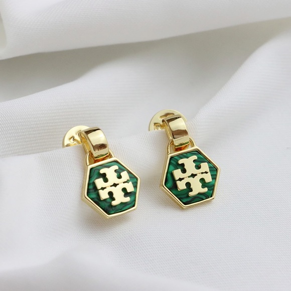 Tory Burch Green Hexagon Logo Drop Earrings - Picture 2 of 9